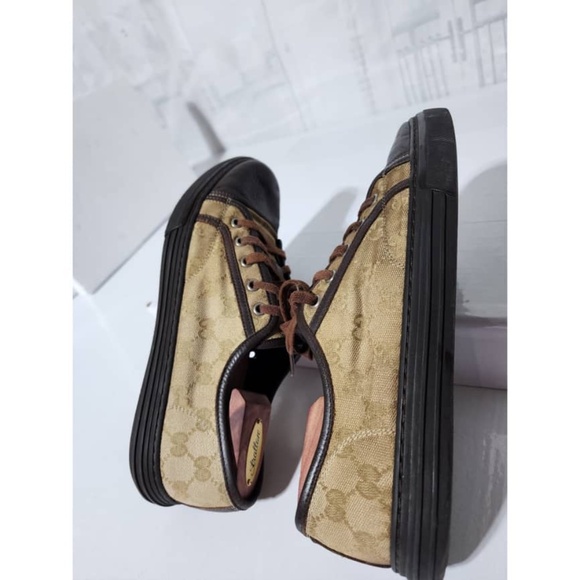 Authentic Gucci Leather And Monogram Canvas Lace Up Sneakers Brown/Beige Size 7. - Picture 12 of 16